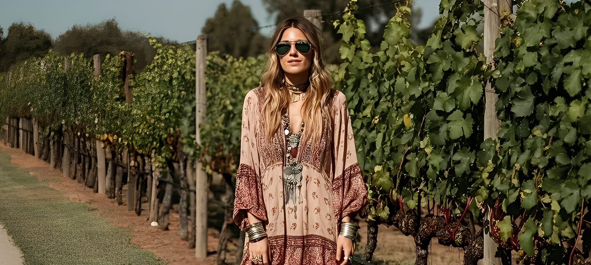 Stylish woman among vineyard rows