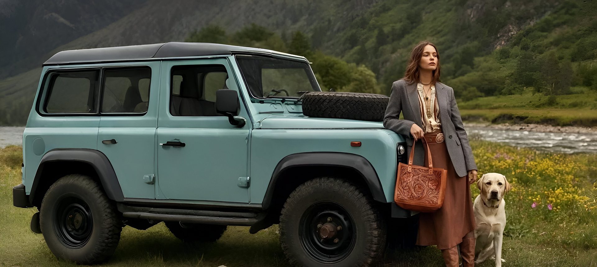 Woman and dog by vintage SUV