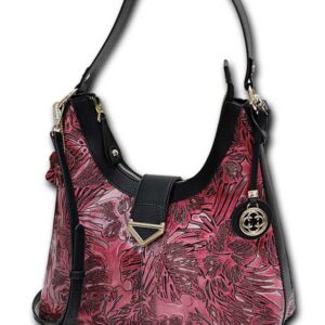 Red floral handbag with black strap.