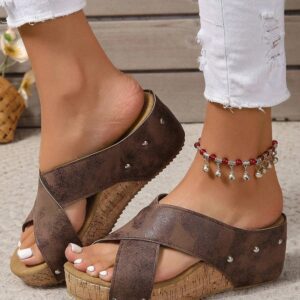 Lovesoft - Criss Cross Cut Out PU Leather Wedge Slippers