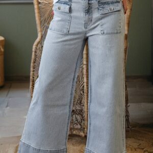 UHD Sky Blue Stripe Button Flap Pocket Cuffed Hem Wide Leg Jeans