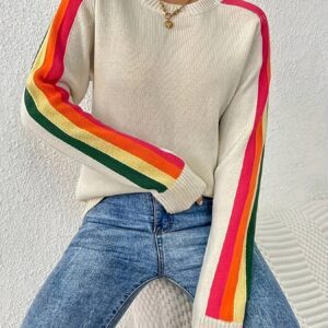 Rosa Clothing - Retro Vibe Rainbow Sleeves Ribbed Neck Knit Sweater
