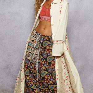 Pol Clothing - Long Sleeve Double Gauze Floral Patch Woven Long Jacket