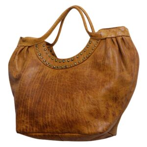 Brown leather handbag with decorative studs.