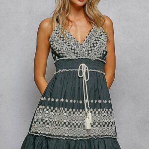 Pol Clothing - V-Neck Sleeveless Cotton Dress Eyelet Detail Smocked Waist