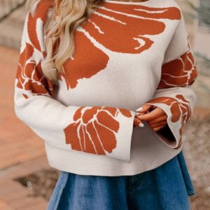 Urban Hyena- Beige Bold Flower Pattern Wide Sleeve Baggy Sweater