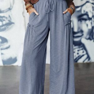 Urban Hyena-  Frilled Detail Wide Leg Drawstring Pants