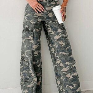 Urban Hyena- Green Camo Denim Cargo Wide Leg Pants
