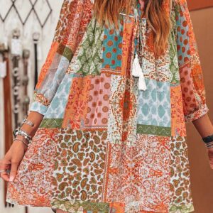 Urban Hyena- Boho Paisley Mixed Print 3/4 Sleeve Chiffon Loose Dress