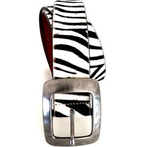 Zebra-patterned belt with a metal buckle.
